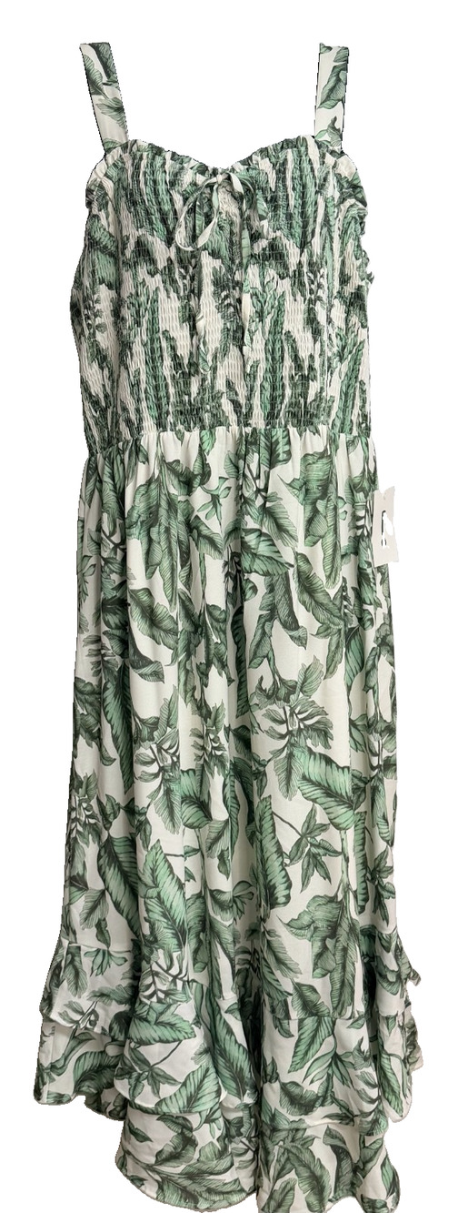 Grace Karin Sundress Women XL Green Tropical Palm Leaf Smock Midi Ruffle Dress